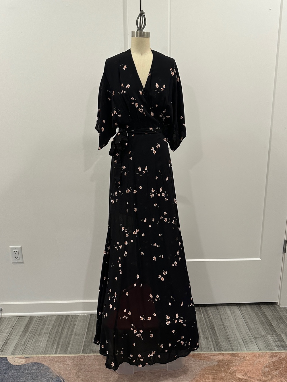 Reformation Winslow Black Floral Wrap Midi Dress